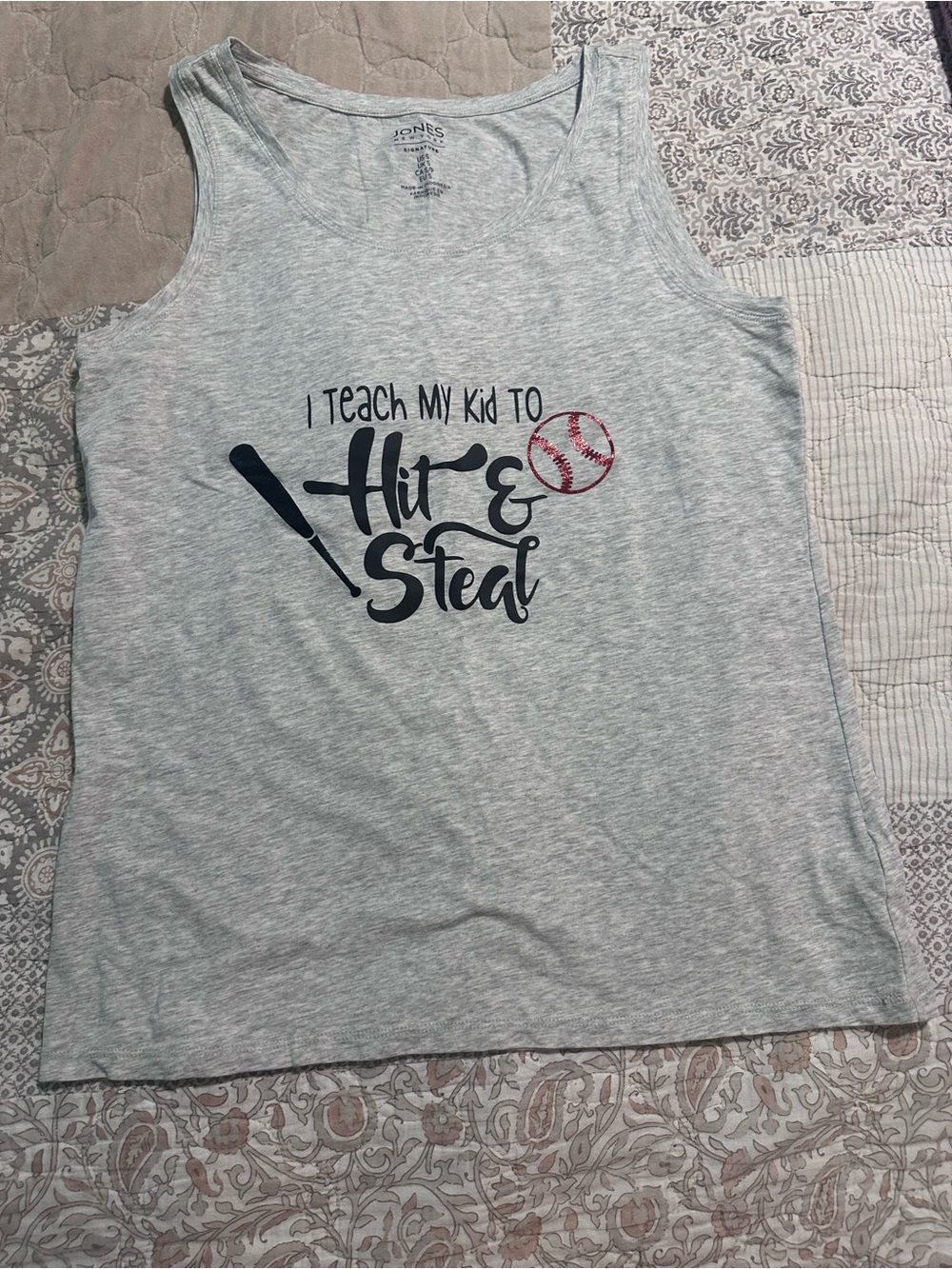 Jones New York Light Gray Tank Top with Navy and Red Baseball Graphic